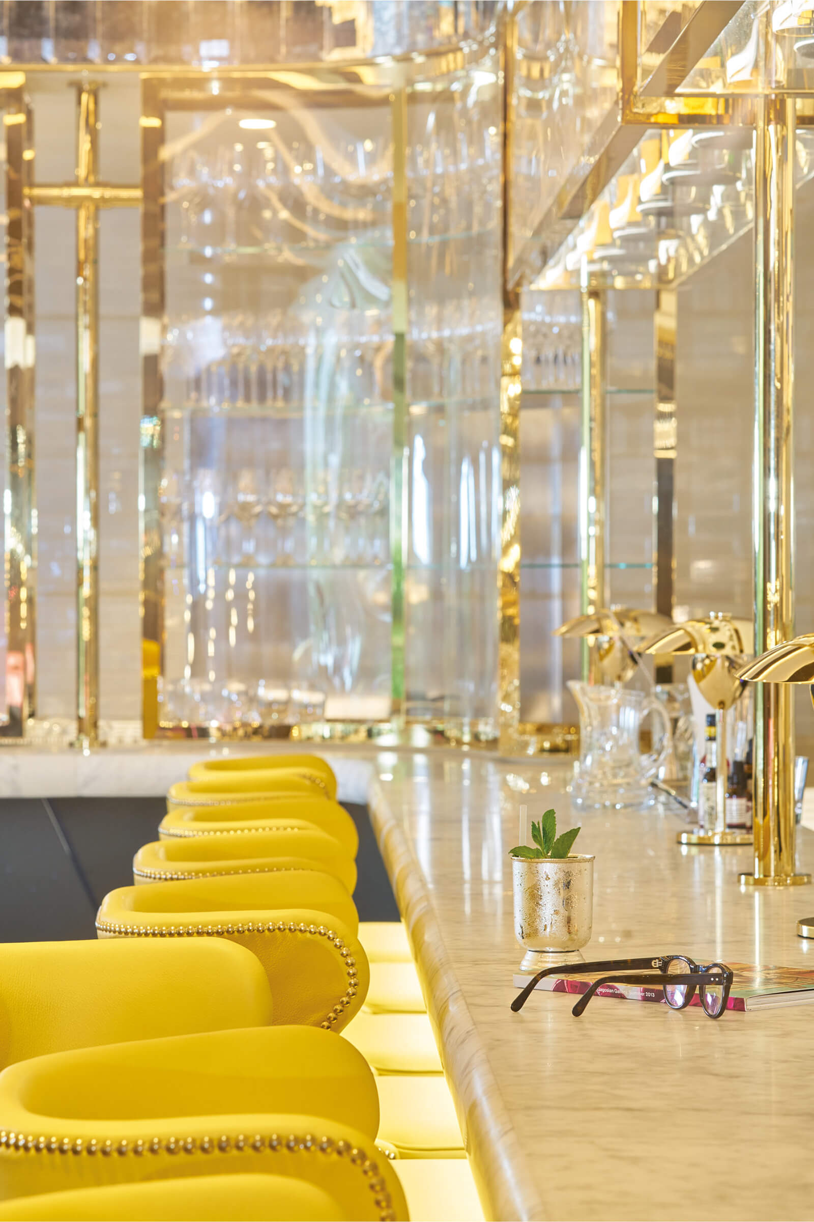 V-Grooved bar metalwork in PVD coloured stainless steel Champagne Mirror
The Brasserie, Private Members Hotel, London
Interior Design: March & White
PVD coloured stainless steel: John Desmond Ltd