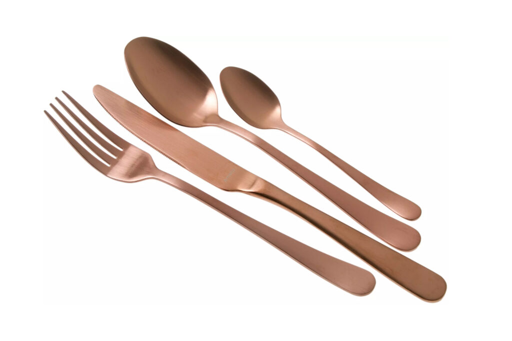 Cutlery by Amefa in PVD coloured stainless steel Copper Brush.