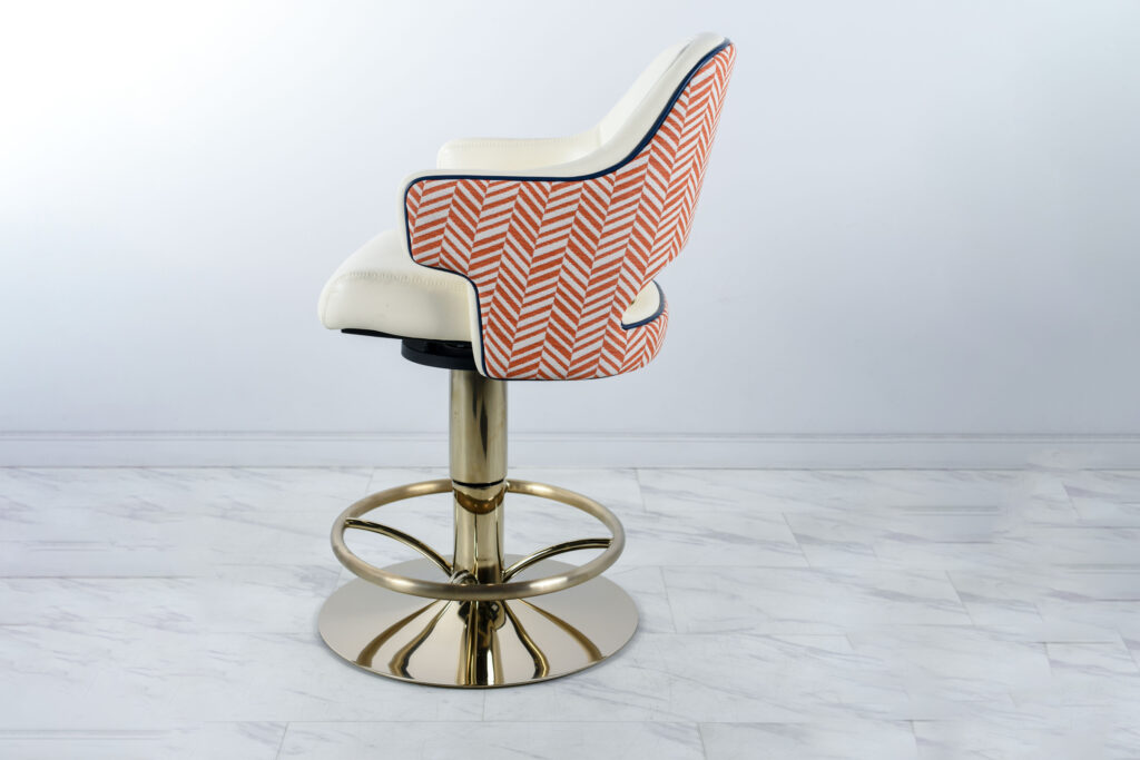 High commercial use casino chair by Gary Platt with base in PVD coloured stainless steel Almond Gold Mirror.
