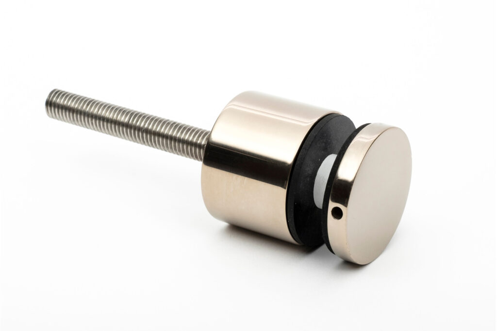 Balustrade clamp stand-off fixing in PVD coloured stainless steel Nickel Mirror