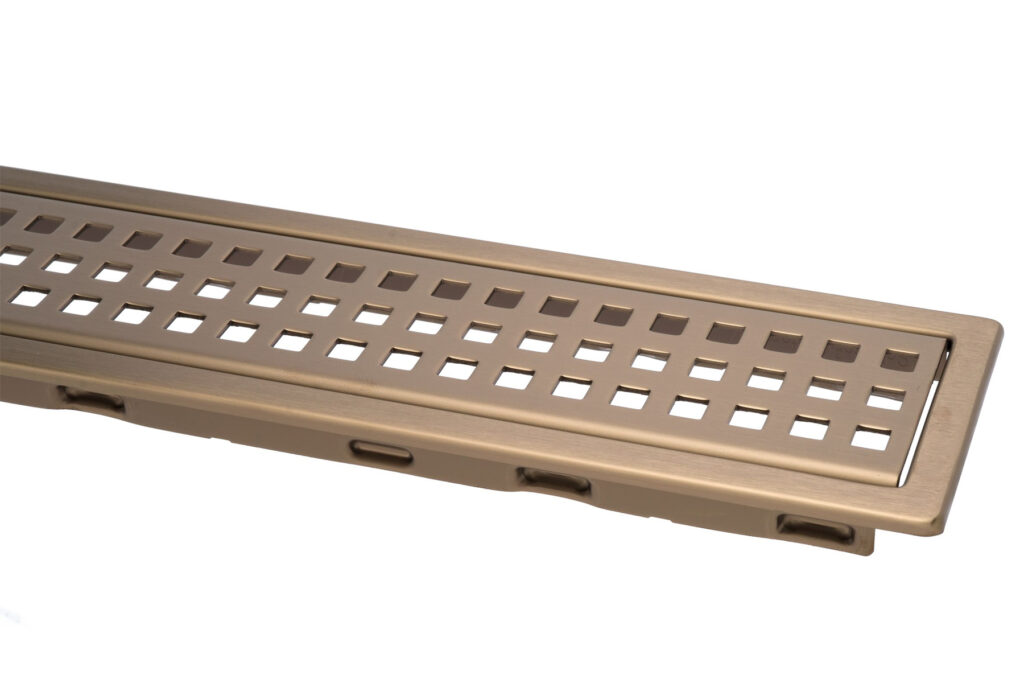 Linear grate for wetroom installation in PVD coloured stainless steel Bronze Brush