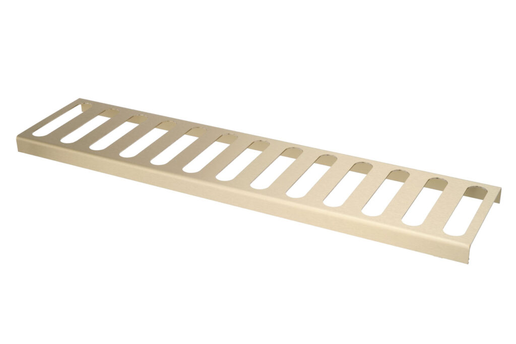 Bespoke Grille for wetroom installation in PVD coloured stainless steel Almond Gold Brush