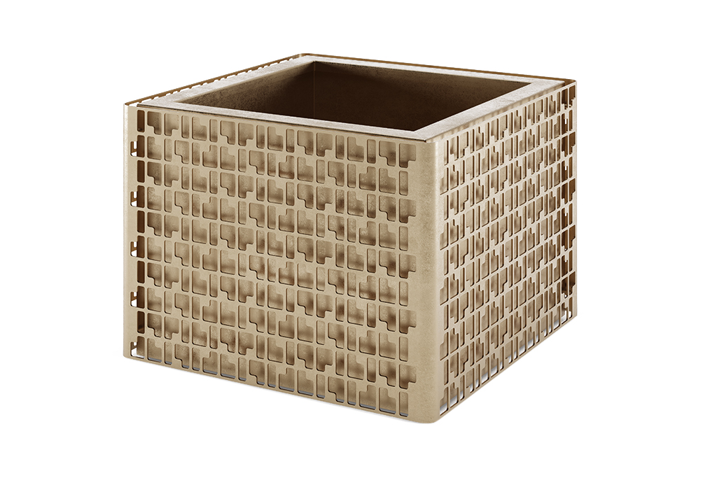 Laser-cut planters in PVD coloured stainless steel in Almond Gold Brush